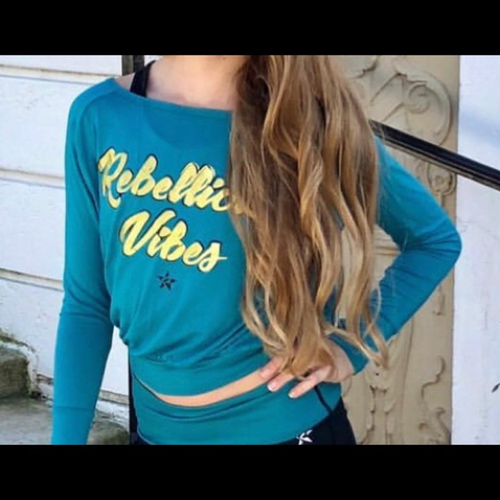 Rebel Athletic cheer top rebellious vibes teal gold